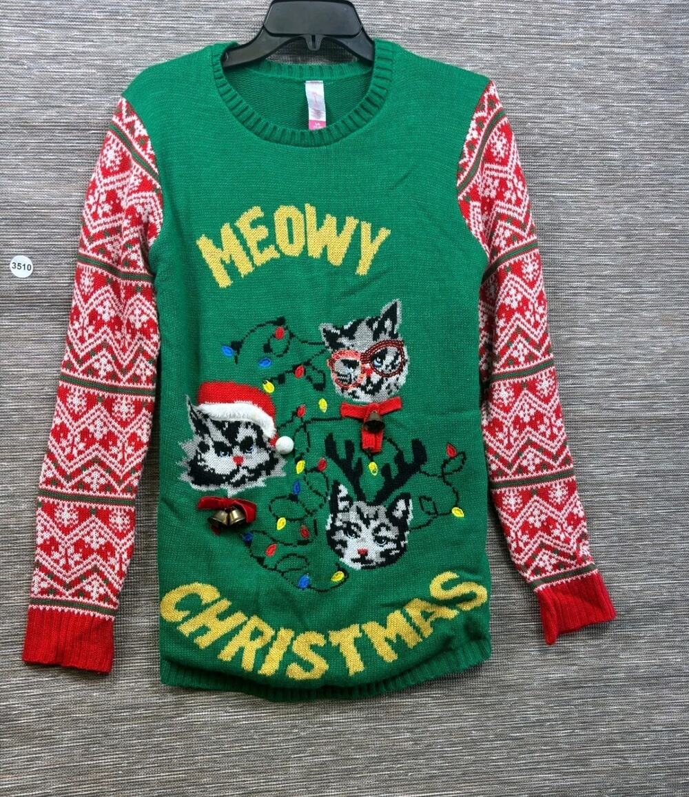 NoBo Juniors L (11-13) Ugly Christmas Sweater Meowy Christmas Santa Cat Holiday